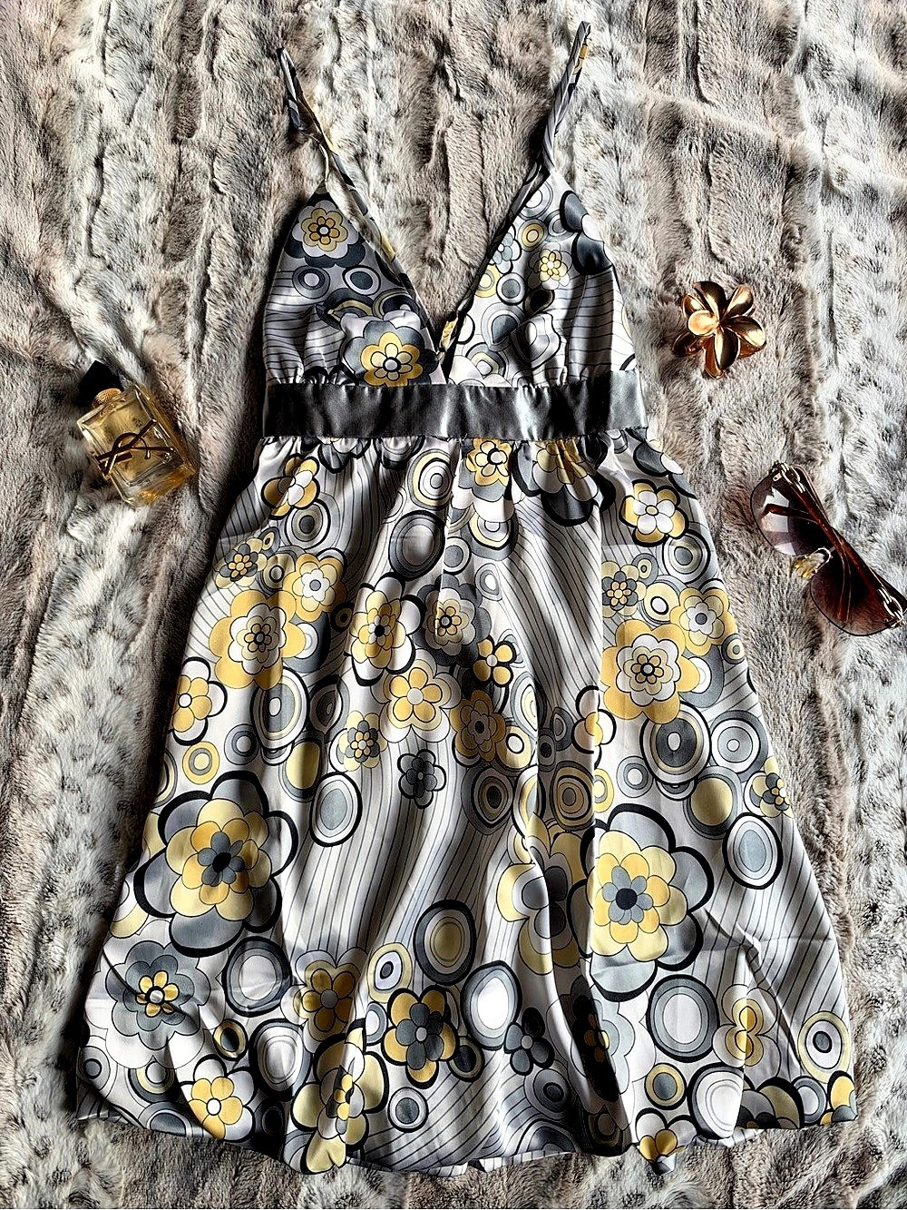 Y2K Floral Mini Dress in Gray & Yellow
